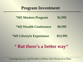 Program Investment *M1 Masters Program $1,995 *M2 Wealth Conference $8,995 *M3 Lifestyle Experience   $12,995 *  But there’s a better way * 