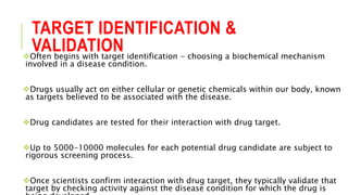 TARGET IDENTIFICATION &
VALIDATIONOften begins with target identification - choosing a biochemical mechanism
involved in a disease condition.
Drugs usually act on either cellular or genetic chemicals within our body, known
as targets believed to be associated with the disease.
Drug candidates are tested for their interaction with drug target.
Up to 5000-10000 molecules for each potential drug candidate are subject to
rigorous screening process.
Once scientists confirm interaction with drug target, they typically validate that
target by checking activity against the disease condition for which the drug is
 