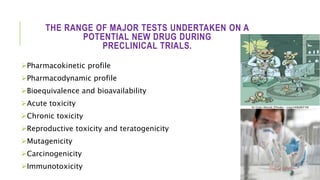 THE RANGE OF MAJOR TESTS UNDERTAKEN ON A
POTENTIAL NEW DRUG DURING
PRECLINICAL TRIALS.
Pharmacokinetic profile
Pharmacodynamic profile
Bioequivalence and bioavailability
Acute toxicity
Chronic toxicity
Reproductive toxicity and teratogenicity
Mutagenicity
Carcinogenicity
Immunotoxicity
 