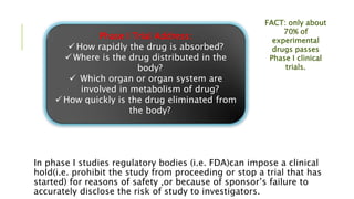 In phase I studies regulatory bodies (i.e. FDA)can impose a clinical
hold(i.e. prohibit the study from proceeding or stop a trial that has
started) for reasons of safety ,or because of sponsor’s failure to
accurately disclose the risk of study to investigators.
Phase I Trial Address:
 How rapidly the drug is absorbed?
 Where is the drug distributed in the
body?
 Which organ or organ system are
involved in metabolism of drug?
 How quickly is the drug eliminated from
the body?
FACT: only about
70% of
experimental
drugs passes
Phase I clinical
trials.
 