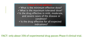 FACT: only about 35% of experimental drug passes Phase II clinical trial.
Phase II Trial address:
 What is the minimum effective dose?
 What is the maximum tolerated dose?
 Is the drug effective in mild, moderate,
and severe cases of the disease or
condition?
 Is the drug effective for all expected
indications?
 