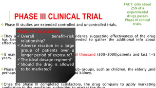 PHASE III CLINICAL TRIAL
 Phase III studies are extended controlled and uncontrolled trials.
They are performed after preliminary evidence suggesting effectiveness of the drug
has been obtained in phase II ,and intended to gather the additional info about
effectiveness and safety.
It may involve several hundred to several thousand (300-3000)patients and last 1-5
years.
Phase III trials involve different patient sub-groups, such as children, the elderly ,and
perhaps those with impairments in liver and kidney.
Once the phase III completed satisfactory, the drug company to apply marketing
Phase III Trial Address:
 Overall benefit-risk
relationship?
 Adverse reaction in a large
group of patients over a
longer period of exposure?
 The ideal dosage regimen?
 Should the drug is allowed
to be marketed?
FACT: only about
25% of a
experimental
drugs passes
Phase III clinical
trials.
 