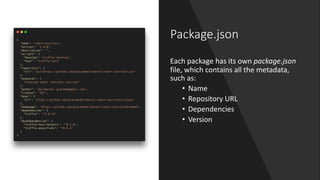 Package.json
Each package has its own package.json
file, which contains all the metadata,
such as:
• Name
• Repository URL
• Dependencies
• Version
 