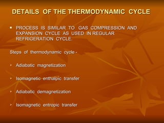 DETAILS  OF THE THERMODYNAMIC  CYCLE  PROCESS  IS  SIMILAR  TO  GAS  COMPRESSION  AND EXPANSION  CYCLE  AS  USED  IN REGULAR  REFRIGERATION  CYCLE.  Steps  of  thermodynamic  cycle -  Adiabatic  magnetization  Isomagnetic  enthalpic  transfer  Adiabatic  demagnetization  Isomagnetic  entropic  transfer 