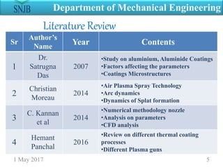 1 May 2017 5
Department of Mechanical Engineering
Literature Review
Sr
Author’s
Name
Year Contents
1
Dr.
Satrugna
Das
2007
•Study on aluminium, Aluminide Coatings
•Factors affecting the parameters
•Coatings Microstructures
2
Christian
Moreau
2014
•Air Plasma Spray Technology
•Arc dynamics
•Dynamics of Splat formation
3
C. Kannan
et al
2014
•Numerical methodology nozzle
•Analysis on parameters
•CFD analysis
4
Hemant
Panchal
2016
•Review on different thermal coating
processes
•Different Plasma guns
 