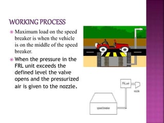  Maximum load on the speed
breaker is when the vehicle
is on the middle of the speed
breaker.
 When the pressure in the
FRL unit exceeds the
defined level the valve
opens and the pressurized
air is given to the nozzle.
 