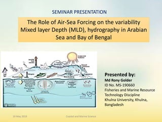 SEMINAR PRESENTATION
The Role of Air-Sea Forcing on the variability
Mixed layer Depth (MLD), hydrography in Arabian
Sea and Bay of Bengal
Presented by:
Md Rony Golder
ID No. MS-190660
Fisheries and Marine Resource
Technology Discipline
Khulna University, Khulna,
Bangladesh
19 May 2019 Coastal and Marine Science
 