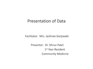 Presentation of Data
Facilitator: Mrs. Jaishree Ganjiwale
Presenter: Dr. Dhruv Patel
1st Year Resident
Community Medicine
 