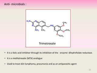 • It is a folic acid inhibitor through its inhibition of the enzyme dihydrofolate reductase.
• It is a methotrexate (MTX) analogue
• Used to treat skin lymphoma, pneumonia and as an antiparasitic agent
Anti- microbials :
Trimetrexate
11
 