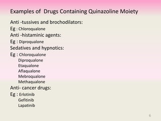 Examples of Drugs Containing Quinazoline Moiety
Anti -tussives and brochodilators:
Eg : Chloroqualone
Anti -histaminic agents:
Eg : Diproqualone
Sedatives and hypnotics:
Eg : Chloroqualone
Diproqualone
Etaqualone
Aflaqualone
Mebroqualone
Methaqualone
Anti- cancer drugs:
Eg : Erlotinib
Gefitinib
Lapatinib
6
 