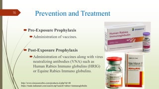 Prevention and Treatment
Pre-Exposure Prophylaxis
Administration of vaccines.
Post-Exposure Prophylaxis
Administration of vaccines along with virus
neutralizing antibodies (VNA) such as
Human Rabies Immuno globulins (HRIG)
or Equine Rabies Immuno globulins.
16
http://www.sinosourcebio.com/products-d.php?id=48
https://trade.indiamart.com/search.mp?search=rabies+immunoglobulin
 