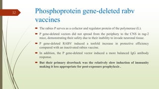 Phosphoprotein gene-deleted rabv
vaccines
 The rabies P serves as a cofactor and regulator protein of the polymerase (L).
 P gene-deleted vectors did not spread from the periphery to the CNS in rag-2
mice, demonstrating their safety due to their inability to invade neuronal tissue.
 P gene-deleted RABV induced a tenfold increase in protective efficiency
compared with an inactivated rabies vaccine.
 In addition, the P gene-deleted vector induced a more balanced IgG antibody
response.
 But their primary drawback was the relatively slow induction of immunity
making it less appropriate for post-exposure prophylaxis .
32
 