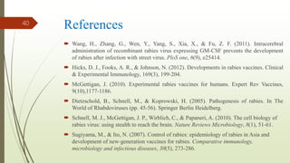 References
 Wang, H., Zhang, G., Wen, Y., Yang, S., Xia, X., & Fu, Z. F. (2011). Intracerebral
administration of recombinant rabies virus expressing GM-CSF prevents the development
of rabies after infection with street virus. PloS one, 6(9), e25414.
 Hicks, D. J., Fooks, A. R., & Johnson, N. (2012). Developments in rabies vaccines. Clinical
& Experimental Immunology, 169(3), 199-204.
 McGettigan, J. (2010). Experimental rabies vaccines for humans. Expert Rev Vaccines,
9(10),1177-1186.
 Dietzschold, B., Schnell, M., & Koprowski, H. (2005). Pathogenesis of rabies. In The
World of Rhabdoviruses (pp. 45-56). Springer Berlin Heidelberg.
 Schnell, M. J., McGettigan, J. P., Wirblich, C., & Papaneri, A. (2010). The cell biology of
rabies virus: using stealth to reach the brain. Nature Reviews Microbiology, 8(1), 51-61.
 Sugiyama, M., & Ito, N. (2007). Control of rabies: epidemiology of rabies in Asia and
development of new-generation vaccines for rabies. Comparative immunology,
microbiology and infectious diseases, 30(5), 273-286.
40
 