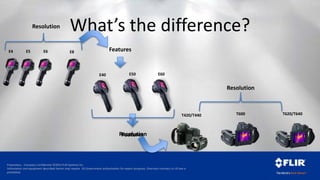 Proprietary - Company Confidential ©2014 FLIR Systems Inc.
Information and equipment described herein may require US Government authorization for export purposes. Diversion contrary to US law is
prohibited.
What’s the difference?
E4 E5 E6 E8
E40 E50 E60
T420/T440 T600 T620/T640
Resolution
Features
Resolution
FeaturesResolution
 