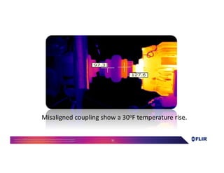 Proprietary- Company Confidential ©2016 FLIR Systems Inc. Information and equipmentdescribed herein
may require US Governmentauthorizationfor export purposes. Diversion contrary to US law is prohibited. 51
Misaligned coupling show a 30oF temperature rise.
 