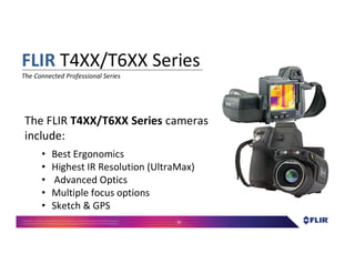 Proprietary- Company Confidential ©2016 FLIR Systems Inc. Information and equipmentdescribed herein
may require US Governmentauthorizationfor export purposes. Diversion contrary to US law is prohibited. 92
The FLIR T4XX/T6XX Series cameras
include:
• Best Ergonomics
• Highest IR Resolution (UltraMax)
• Advanced Optics
• Multiple focus options
• Sketch & GPS
FLIR T4XX/T6XX Series
The Connected Professional Series
 