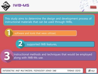 Interactive and Multimodal Pedagogy Using IWB Spring 2015 11/20
IWB-Ms
This study aims to determine the design and development process of
instructional materials that can be used through IWBs,
supported IWB features,
software and tools that were utilized,
Instructional methods and techniques that would be employed
along with IWB-Ms use.
 