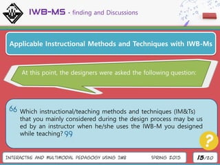 Interactive and Multimodal Pedagogy Using IWB Spring 2015 15/20
IWB-Ms – finding and Discussions
Applicable Instructional Methods and Techniques with IWB-Ms
At this point, the designers were asked the following question:
Which instructional/teaching methods and techniques (IM&Ts)
that you mainly considered during the design process may be us
ed by an instructor when he/she uses the IWB-M you designed
while teaching?
 