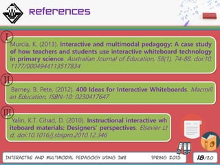Interactive and Multimodal Pedagogy Using IWB Spring 2015 18/20
References
Murcia, K. (2013). Interactive and multimodal pedagogy: A case study
of how teachers and students use interactive whiteboard technology
in primary science. Australian Journal of Education, 58(1), 74-88. doi:10.
1177/0004944113517834
Barney, B. Pete, (2012). 400 Ideas for Interactive Whiteboards. Macmill
an Education, ISBN-10: 0230417647
Yalin, K.T. Cihad, D. (2010). Instructional interactive wh
iteboard materials: Designers’ perspectives. Elsevier Lt
d, doi:10.1016/j.sbspro.2010.12.346
 