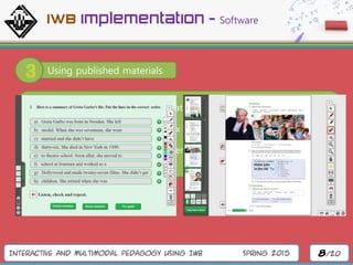 Interactive and Multimodal Pedagogy Using IWB Spring 2015 8/20
Using published materials
• Increasingly, publishers are also creating IWB versions of these books.
• There are variations in how complex these programs are,
• And the degree to which the teacher can customize the material.
IWB implementation - Software
 