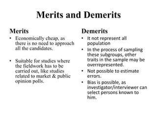 Merits and Demerits
Merits
• Economically cheap, as
there is no need to approach
all the candidates.
• Suitable for studies where
the fieldwork has to be
carried out, like studies
related to market & public
opinion polls.
Demerits
• It not represent all
population
• In the process of sampling
these subgroups, other
traits in the sample may be
overrepresented.
• Not possible to estimate
errors.
• Bias is possible, as
investigator/interviewer can
select persons known to
him.
 