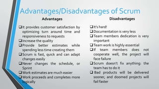Advantages
It provides customer satisfaction by
optimizing turn around time and
responsiveness to requests
Increase the quality
Provide better estimates while
spending less time creating them
Scrum is fast, quick and can adapt
changes easily
Never changes the schedule, or
Sprint
Work estimates are much easier
Work proceeds and completes more
logically
Advantages/Disadvantages of Scrum
Disadvantages
It’s hard!
Documentation is very less
Team members dedication is very
important
Team work is highly essential
If team members does not
cooperate well, the project will
face failure
Scrum doesn’t fix anything: the
team has to do it
 Bad products will be delivered
sooner, and doomed projects will
fail faster
 