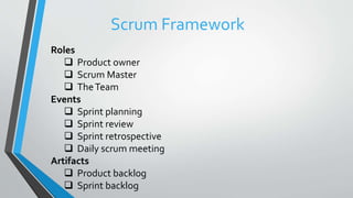 Roles
 Product owner
 Scrum Master
 TheTeam
Events
 Sprint planning
 Sprint review
 Sprint retrospective
 Daily scrum meeting
Artifacts
 Product backlog
 Sprint backlog
Scrum Framework
 