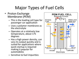Major Types of Fuel Cells
• Proton Exchange
  Membrane (PEM)
  – This is the leading cell type for
    passenger car application
  – Uses a polymer membrane as
    the electrolyte
  – Operates at a relatively low
    temperature, about 175
    degrees
  – Has a high power density, can
    vary its output quickly and is
    suited for applications where
    quick startup is required
    making it popular for
    automobiles
  – Sensitive to fuel impurities
 