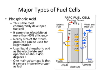 Major Types of Fuel Cells
• Phosphoric Acid
  – This is the most
    commercially developed
    fuel cell
  – It generates electricity at
    more than 40% efficiency
  – Nearly 85% of the steam
    produced can be used for
    cogeneration
  – Uses liquid phosphoric acid
    as the electrolyte and
    operates at about 450
    degrees F
  – One main advantage is that
    it can use impure hydrogen
    as fuel
 