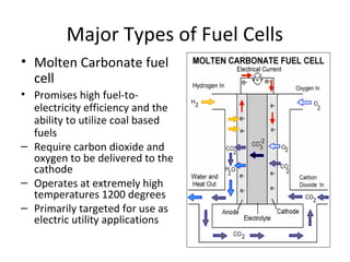 Major Types of Fuel Cells
• Molten Carbonate fuel
  cell
• Promises high fuel-to-
  electricity efficiency and the
  ability to utilize coal based
  fuels
– Require carbon dioxide and
  oxygen to be delivered to the
  cathode
– Operates at extremely high
  temperatures 1200 degrees
– Primarily targeted for use as
  electric utility applications
 
