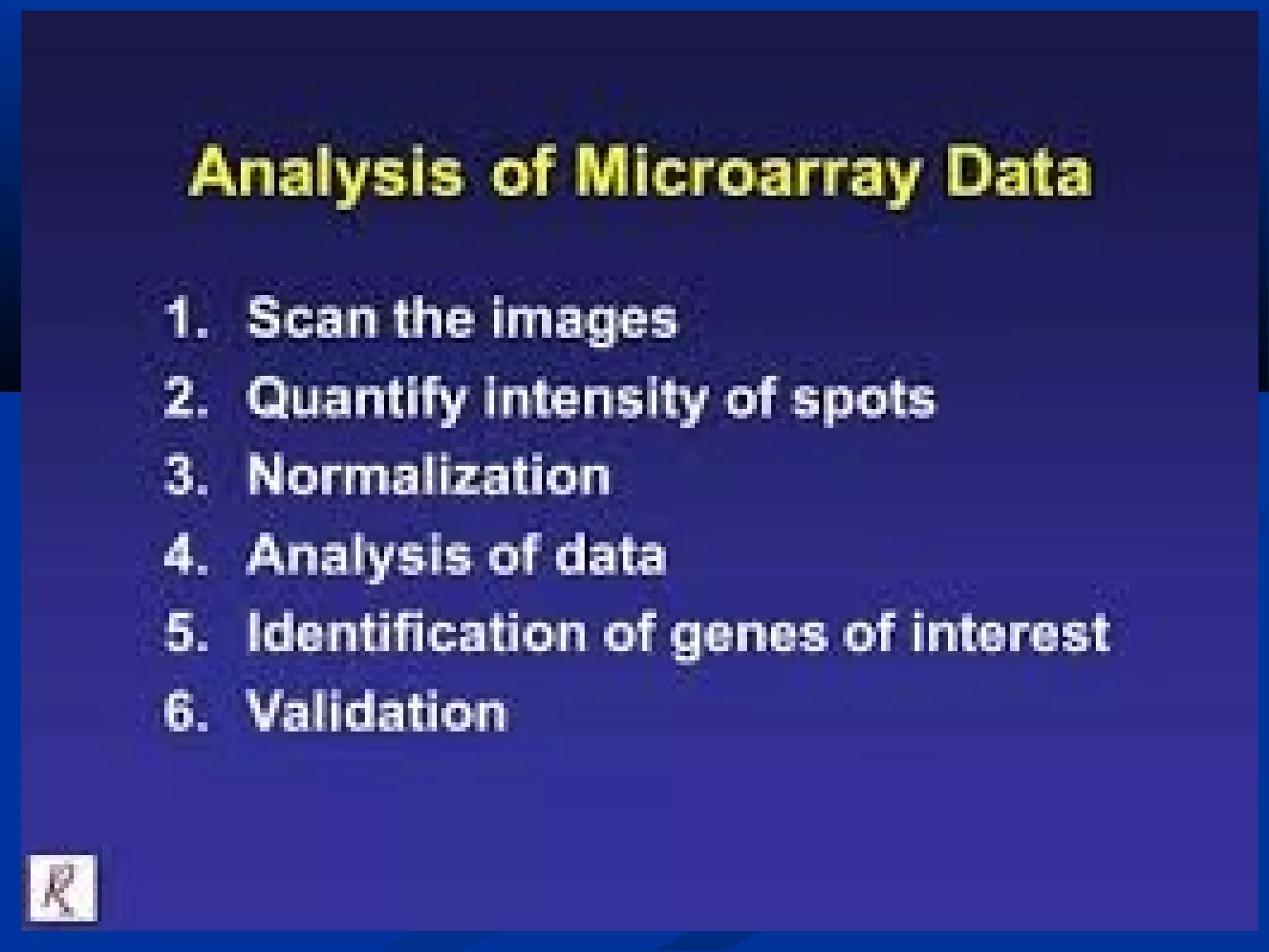 DATA ANALYSIS OFDATA ANALYSIS OF
MICROARRAYSMICROARRAYS
 