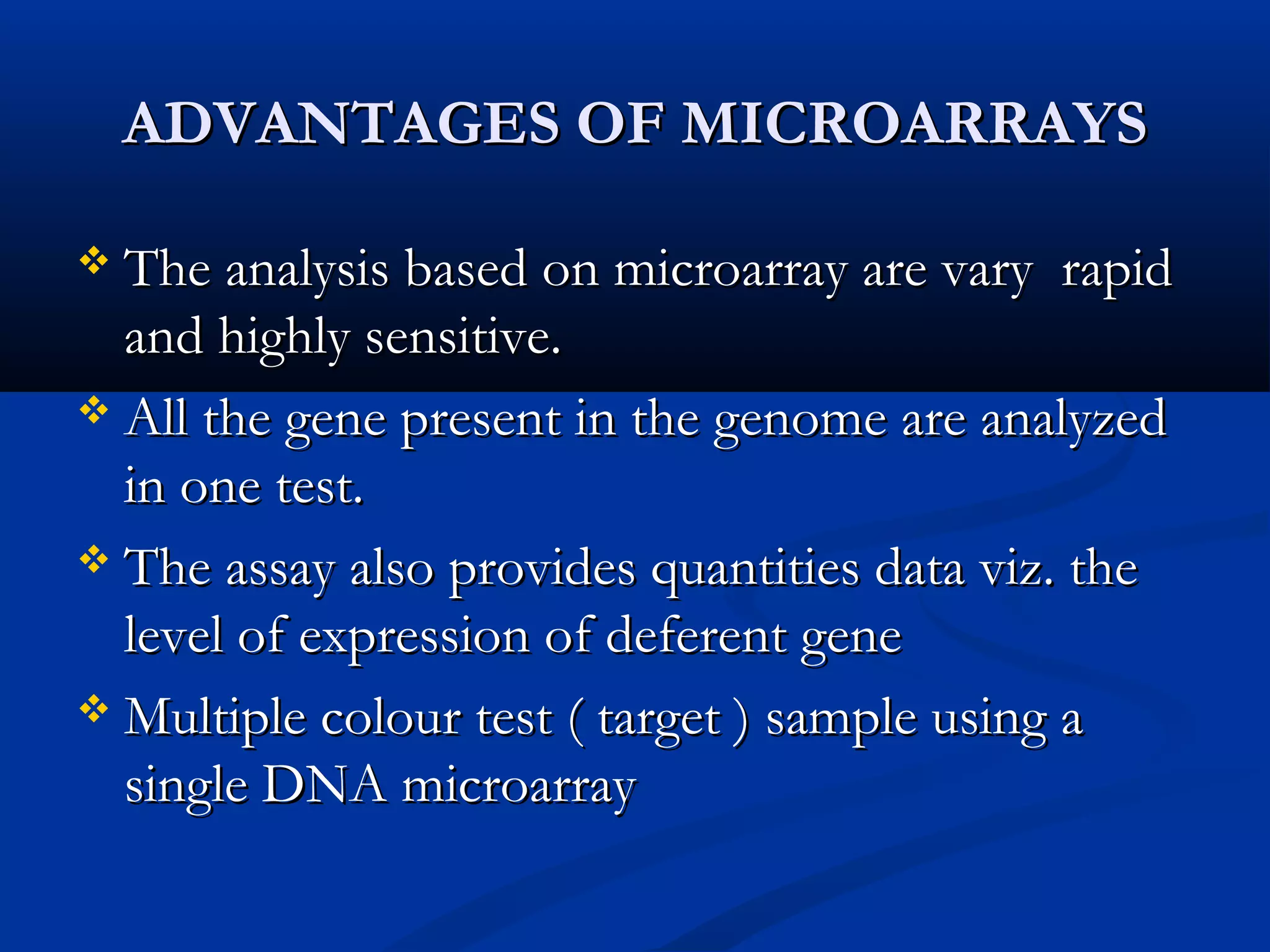 ADVANTAGES OF MICROARRAYSADVANTAGES OF MICROARRAYS
 The analysis based on microarray are vary rapidThe analysis based on microarray are vary rapid
and highly sensitive.and highly sensitive.
 All the gene present in the genome are analyzedAll the gene present in the genome are analyzed
in one test.in one test.
 The assay also provides quantities data viz. theThe assay also provides quantities data viz. the
level of expression of deferent genelevel of expression of deferent gene
 Multiple colour test ( target ) sample using aMultiple colour test ( target ) sample using a
single DNA microarraysingle DNA microarray
 