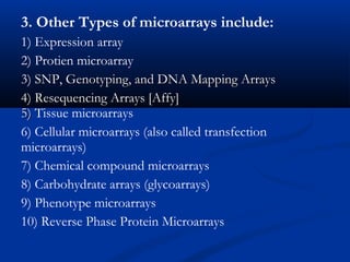 3. Other Types of microarrays include:
1) Expression array
2) Protien microarray
3) SNP, Genotyping, and DNA Mapping ArraysSNP, Genotyping, and DNA Mapping Arrays
4) Resequencing Arrays [Affy]4) Resequencing Arrays [Affy]
5)5) Tissue microarrays
6) Cellular microarrays (also called transfection
microarrays)
7) Chemical compound microarrays
8) Carbohydrate arrays (glycoarrays)
9) Phenotype microarrays
10) Reverse Phase Protein Microarrays
 