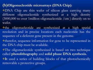 (b)Oligonucleotide microarrays (DNA Chip):
DNA Chip are thin wafer of silicon glass carrying many
different oligonucleotide synthesized at a high density
(3000,000 to over 1million oligonucleotide /cm ) directly on to
wafer.
the oligonucleotide are synthesized at a high spatial
resolution and in precise locations each nucleotide has the
sequence of a deferent gene present in the genome.
therefor, sequence information for gene to be represented in
the DNA chip must be available.
The oligonucleotide synthesized is based on two technique
called photolithography and solid phase DNA synthesis.
It used a series of building blocks of that photochemically
removable a protective groups.
 
