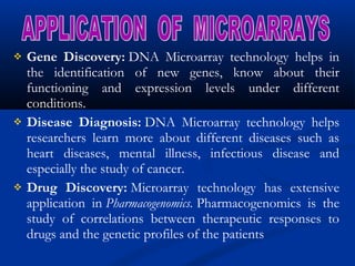  Gene Discovery: DNA Microarray technology helps in
the identification of new genes, know about their
functioning and expression levels under different
conditions.
 Disease Diagnosis: DNA Microarray technology helps
researchers learn more about different diseases such as
heart diseases, mental illness, infectious disease and
especially the study of cancer.
 Drug Discovery: Microarray technology has extensive
application in Pharmacogenomics. Pharmacogenomics is the
study of correlations between therapeutic responses to
drugs and the genetic profiles of the patients
 
