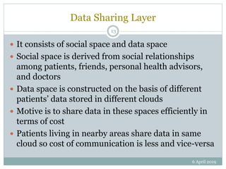 Data Sharing Layer
 It consists of social space and data space
 Social space is derived from social relationships
among patients, friends, personal health advisors,
and doctors
 Data space is constructed on the basis of different
patients’ data stored in different clouds
 Motive is to share data in these spaces efficiently in
terms of cost
 Patients living in nearby areas share data in same
cloud so cost of communication is less and vice-versa
6 April 2019
13
 