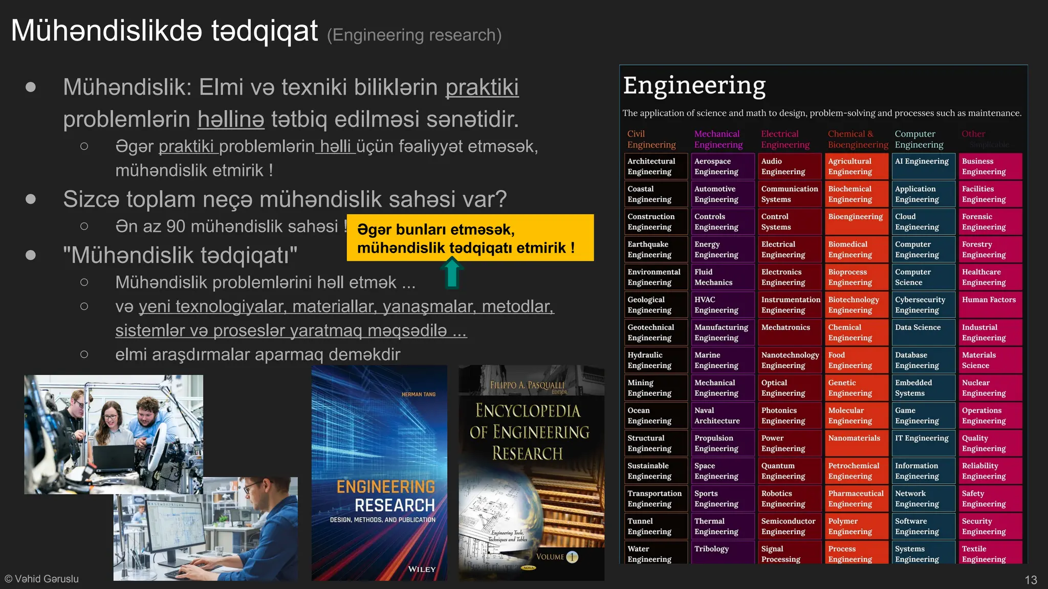 © Vəhid Gəruslu
Mühəndislikdə tədqiqat (Engineering research)
● Mühəndislik: Elmi və texniki biliklərin praktiki
problemlərin həllinə tətbiq edilməsi sənətidir.
○ Əgər praktiki problemlərin həlli üçün fəaliyyət etməsək,
mühəndislik etmirik !
● Sizcə toplam neçə mühəndislik sahəsi var?
○ Ən az 90 mühəndislik sahəsi ! 
● "Mühəndislik tədqiqatı"
○ Mühəndislik problemlərini həll etmək ...
○ və yeni texnologiyalar, materiallar, yanaşmalar, metodlar,
sistemlər və proseslər yaratmaq məqsədilə ...
○ elmi araşdırmalar aparmaq deməkdir
13
Əgər bunları etməsək,
mühəndislik tədqiqatı etmirik !
 