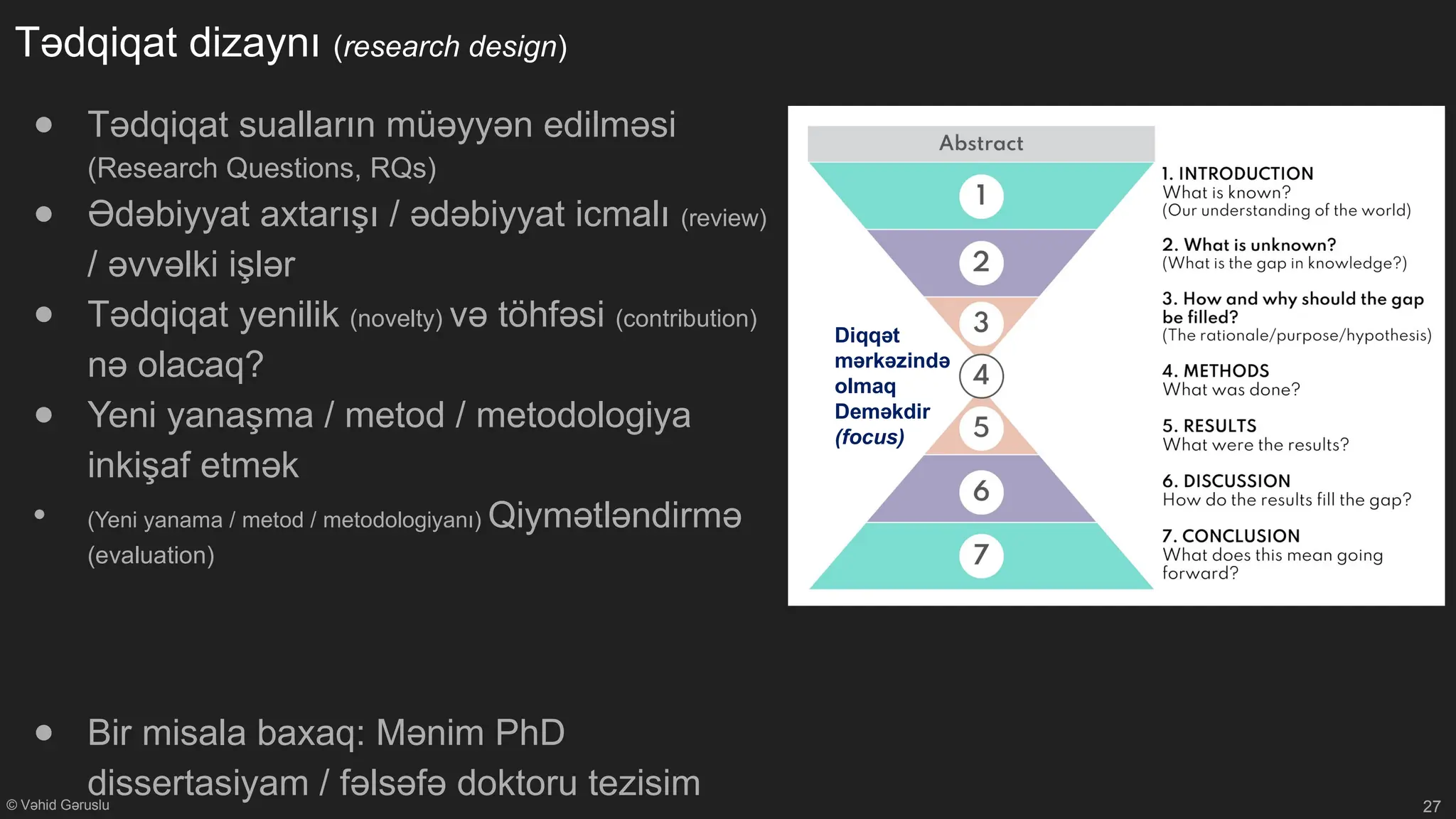 © Vəhid Gəruslu
Tədqiqat dizaynı (research design)
● Tədqiqat sualların müəyyən edilməsi
(Research Questions, RQs)
● Ədəbiyyat axtarışı / ədəbiyyat icmalı (review)
/ əvvəlki işlər
● Tədqiqat yenilik (novelty) və töhfəsi (contribution)
nə olacaq?
● Yeni yanaşma / metod / metodologiya
inkişaf etmək
● (Yeni yanama / metod / metodologiyanı) Qiymətləndirmə
(evaluation)
● Bir misala baxaq: Mənim PhD
dissertasiyam / fəlsəfə doktoru tezisim 27
Diqqət
mərkəzində
olmaq
Deməkdir
(focus)
 
