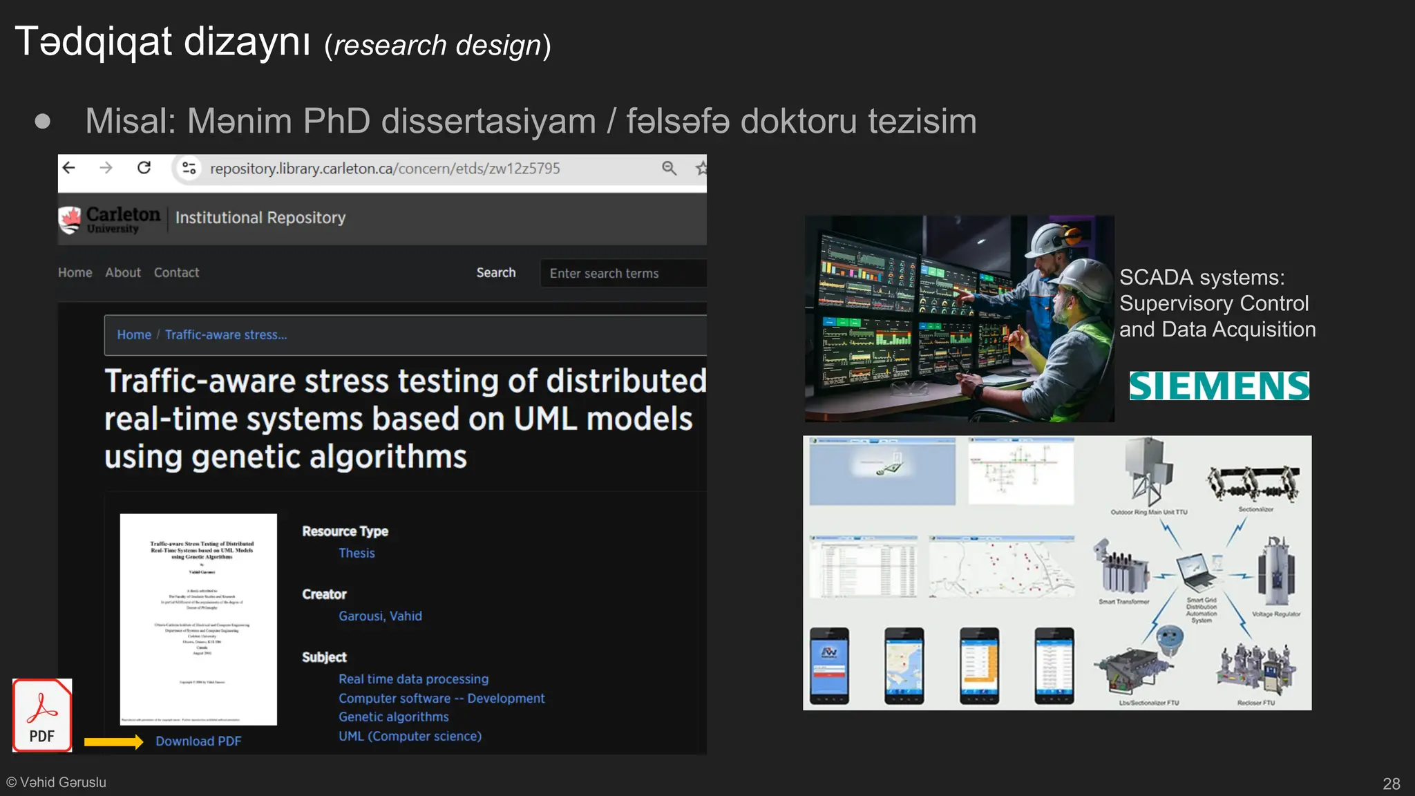 © Vəhid Gəruslu
Tədqiqat dizaynı (research design)
● Misal: Mənim PhD dissertasiyam / fəlsəfə doktoru tezisim
28
SCADA systems:
Supervisory Control
and Data Acquisition
 