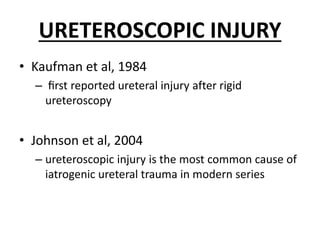 URETEROSCOPIC INJURY
• Kaufman et al, 1984
– ﬁrst reported ureteral injury after rigid
ureteroscopy
• Johnson et al, 2004
– ureteroscopic injury is the most common cause of
iatrogenic ureteral trauma in modern series
 