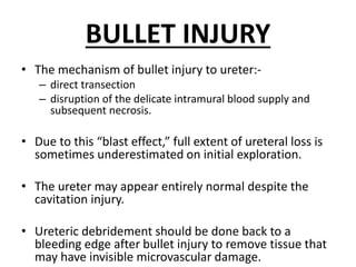 BULLET INJURY
• The mechanism of bullet injury to ureter:-
– direct transection
– disruption of the delicate intramural blood supply and
subsequent necrosis.
• Due to this “blast effect,” full extent of ureteral loss is
sometimes underestimated on initial exploration.
• The ureter may appear entirely normal despite the
cavitation injury.
• Ureteric debridement should be done back to a
bleeding edge after bullet injury to remove tissue that
may have invisible microvascular damage.
 