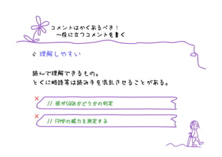 コメントはかくあるべき！
         つコメントを書
     ～役に立つコメントを書く


 理解しやすい

読んで理解できるもの。
とくに略語等は読み手を混乱させることがある。

×
         SGGKかどうかの
             かどうかの判定
    // 彼がSGGKかどうかの判定

×
       FPMPの威力を測定する
    // FPMPの威力を測定する
 