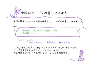 実際にコードを改善してみよう

実際に簡単なコメントの例を使用して、コードを改善してみます。

例）
×     for (int i=0; i< rlst.size; ++i)
      k(rlst[i]);

     ちょっｗｗｗｗ
         これはひどい。            あるある･･･ねーよｗｗ

･･･と、それこそ「ニコ動」でコメントされてしまいそうですね。
コードを見てもわからない、コメントもない。
おまけにインデントされていない･･･。とても残念です。
 