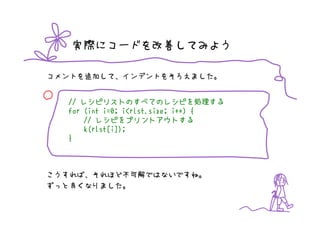 実際にコードを改善してみよう

コメントを追加して、インデントをそろえました。

○      レシピリストのすべてのレシピを処理
    // レシピリストのすべてのレシピを処理する            処理する
    for (int i=0; i<rlst.size; i++) {
        // レシピをプリントアウトする
        k(rlst[i]);
    }



こうすれば、それほど不可解ではないですね。
ずっと良くなりました。
 
