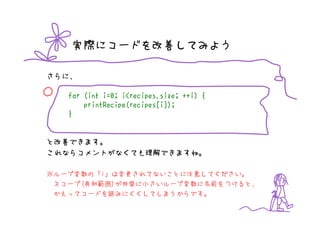実際にコードを改善してみよう

さらに、

○   for (int i=0; i<recipes.size; ++i) {
        printRecipe(recipes[i]);
    }


と改善できます。
これならコメントがなくても理解できますね。

※ループ変数の「i」は変更されてないことに注意してください。
 スコープ(有効範囲)が非常に小さいループ変数に名前をつけると、
 かえってコードを読みにくくしてしまうからです。
 