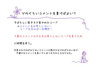 どのくらいコメントを書けばよい？

すばらしい書き方で書かれたコード
 →コメントを必要としない！
  コードを見れば一目瞭然！

大量のコメントの支えを必要としないコードを書くため

に時間を使う。

※書かなければならないコメントの数が少なければ少ないほど、
 不適切なコメントを書いてしまうおそれも少なくなる。
 
