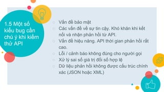 ○ Vấn đề bảo mật
○ Các vấn đề về sự tin cậy. Khó khăn khi kết
nối và nhận phản hồi từ API.
○ Vấn đề hiệu năng. API thời gian phản hồi rất
cao.
○ Lỗi / cảnh báo không đúng cho người gọi
○ Xử lý sai số giá trị đối số hợp lệ
○ Dữ liệu phản hồi không được cấu trúc chính
xác (JSON hoặc XML)
1.5 Một số
kiểu bug cần
chú ý khi kiểm
thử API
 