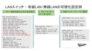 LANスイッチ - 有線LAN/無線LANの可視化設定例
flow record W-Rec-1
match ipv4 protocol
match ipv4 source address
match ipv4 destination address
match transport source-port
match transport destination-port
match flow direction
match application name
match wireless ssid
collect counter bytes long
collect counter packets long
collect wireless ap mac address
collect wireless client mac address
!
flow exporter Exp
destination 10.71.154.88
source Vlan55
transport udp 9991
template data timeout 60
option usermac-table
option interface-table timeout 60
C3850-01#sh run | sec wlan
wlan NMS 1 NMS
client vlan AP-test
ip dhcp server 10.71.154.54
ip flow monitor W-Mon-1 input
ip flow monitor W-Mon-1 output
no shutdown
C3850-01#sh run int gi 1/0/1
!
interface GigabitEthernet1/0/1
switchport mode trunk
ip flow monitor Mon-1 input
ip flow monitor Mon-1 output
flow monitor W-Mon-1
exporter Exp
cache timeout inactive 60
cache timeout active 120
record W-Rec-1
1. フロー測定内容と出力方法を設定 2. フローモニター
としてまとめる
3. 当該インターフェースに適用
 