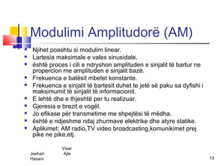 Modulimi Amplitudorë (AM)
    Njihet poashtu si modulim linear.
    Lartesia maksimale e vales sinusidale.
    është proces i cili e ndryshon amplituden e sinjalit të bartur ne
     propercion me amplituden e sinjalit bazë.
    Frekuenca e batësit mbetet konstante.
    Frekuenca e sinjalit të bartesit duhet te jetë së paku sa dyfishi i
     maksimumit të sinjalit të informacionit.
    E lehtë dhe e thjeshtë per tu realizuar.
    Gjeresia e brezit e vogël.
    Jo efikase për transmetime me shpejtësi të mëdha.
    është e ndjeshme ndaj zhurmave elektrike dhe atyre statike.
    Aplikimet: AM radio,TV video broadcasting,komunikimet prej
     pike ne pike,etj.

                Visar
    Jashari      Ajla
    Hasani                                                                 13
 