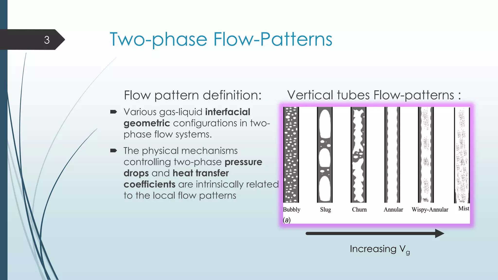 Two-phase Flow-Patterns
Flow pattern definition:
 Various gas-liquid interfacial
geometric configurations in two-
phase flow systems.
 The physical mechanisms
controlling two-phase pressure
drops and heat transfer
coefficients are intrinsically related
to the local flow patterns
Vertical tubes Flow-patterns :
3
Increasing Vg
 